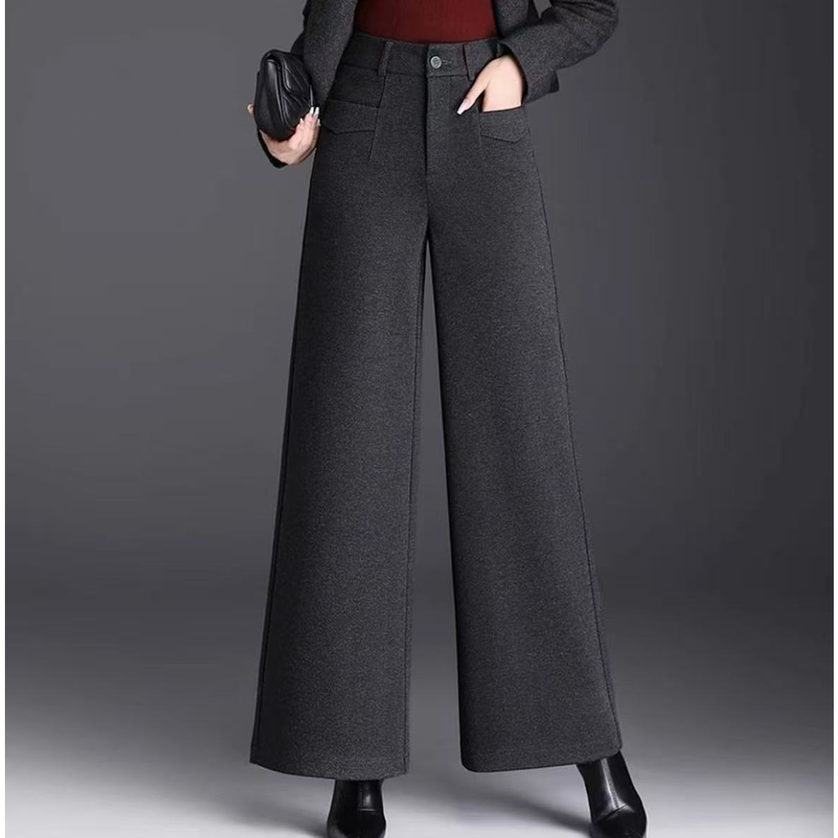 百搭宽松显瘦休闲裤加绒加厚毛呢阔腿裤女高腰冬季垂感大码秋冬