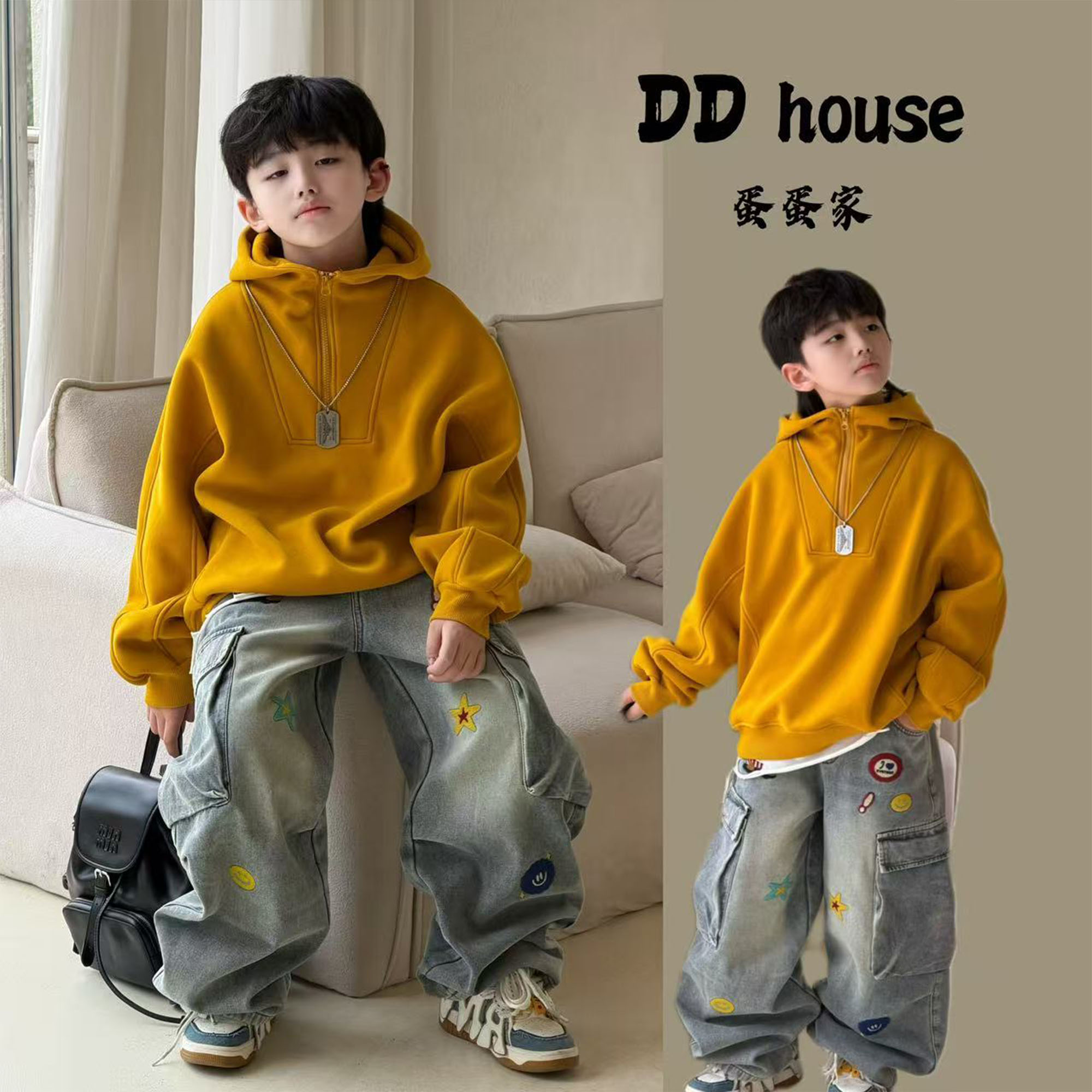 蛋蛋家【时光间隙】25334冬季新款洋气姜黄色半拉链连帽加绒卫衣