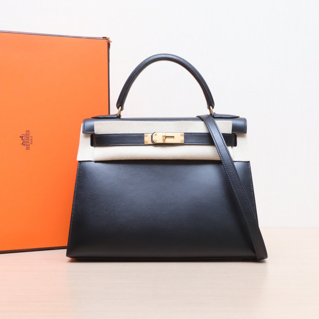 95新 Hermes/爱马仕 小花6花 Kelly 28 89黑色 Box皮 圈W 金扣包