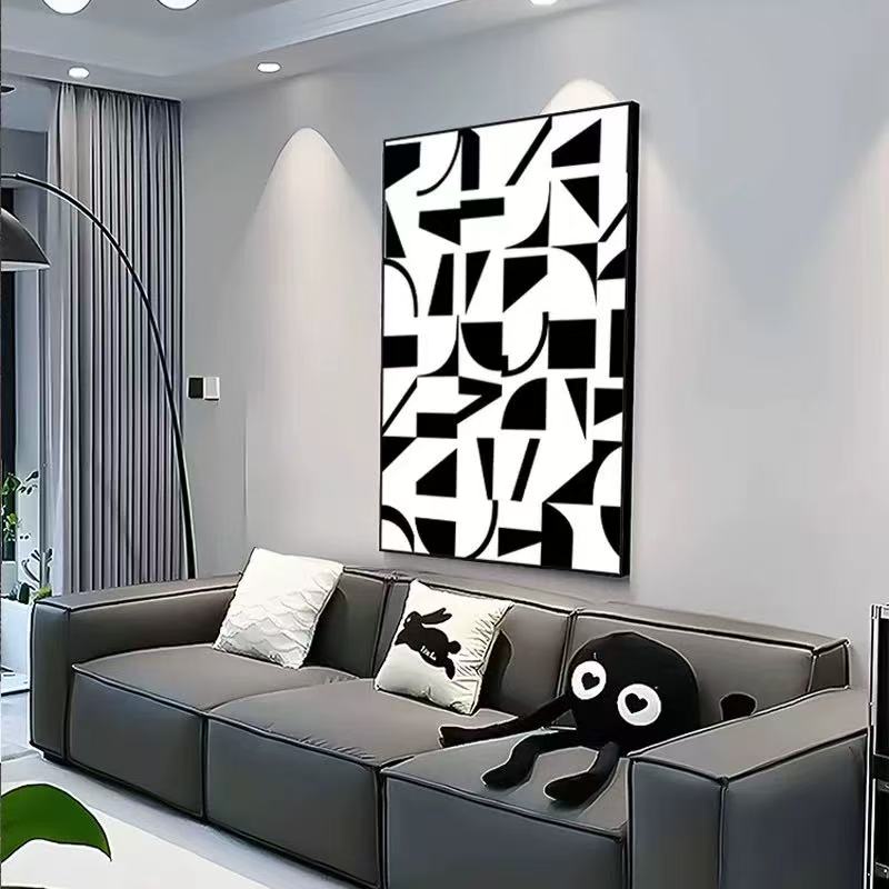 北欧极简客厅装饰画黑白灰几何抽象挂画高级感沙发背景墙砂岩画