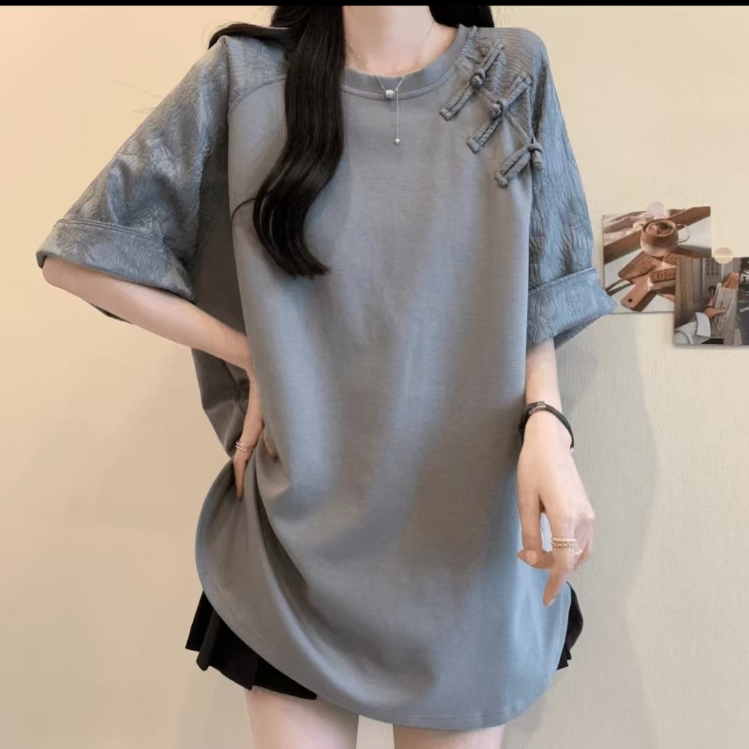 新中式设计感纯色盘扣休闲时尚百搭开叉圆领插肩宽松显瘦小衫