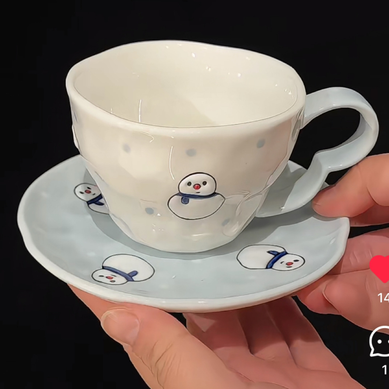 大美陶瓷 | 雪人手绘咖啡杯高颜值创意咖啡杯碟套装简约轻奢下午