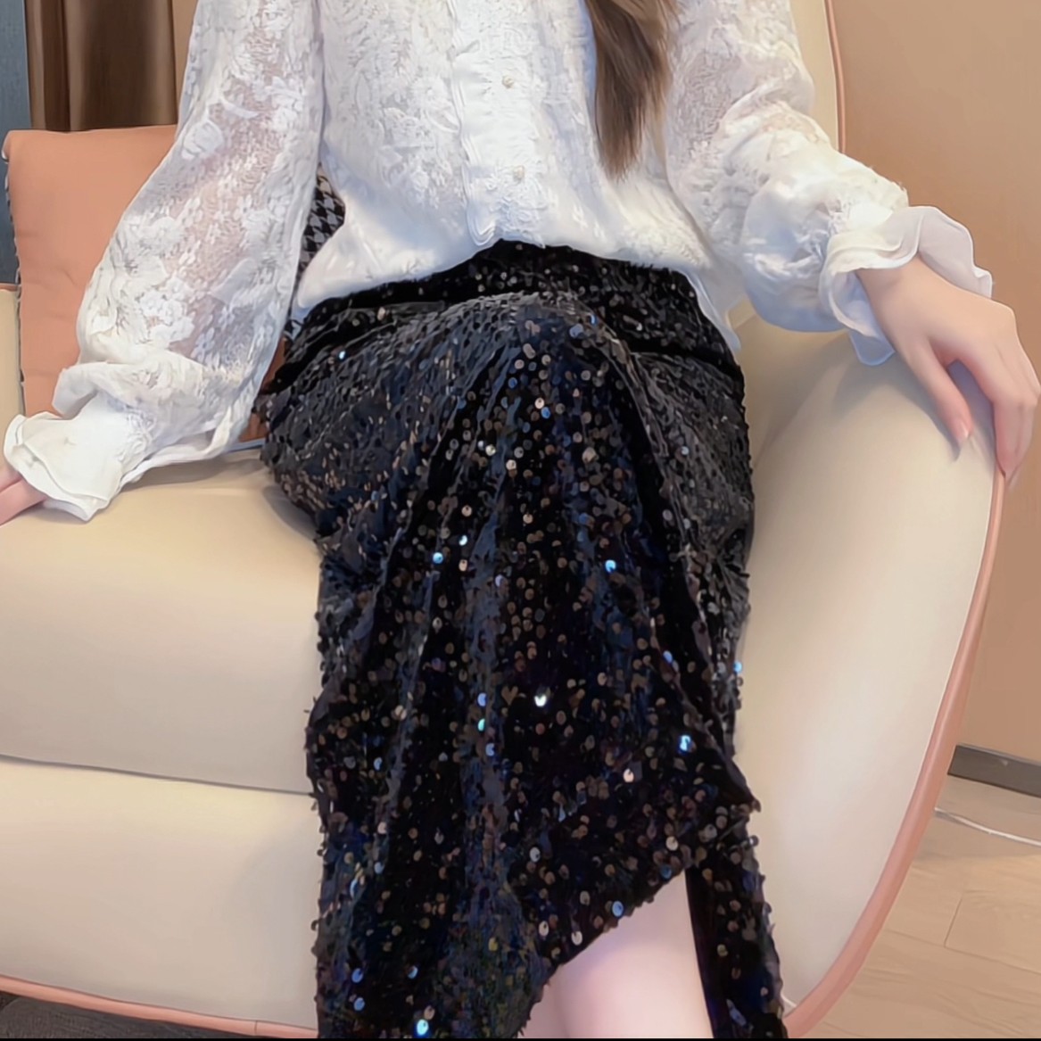 【深圳米熙儿】新款亮片百搭显瘦半裙