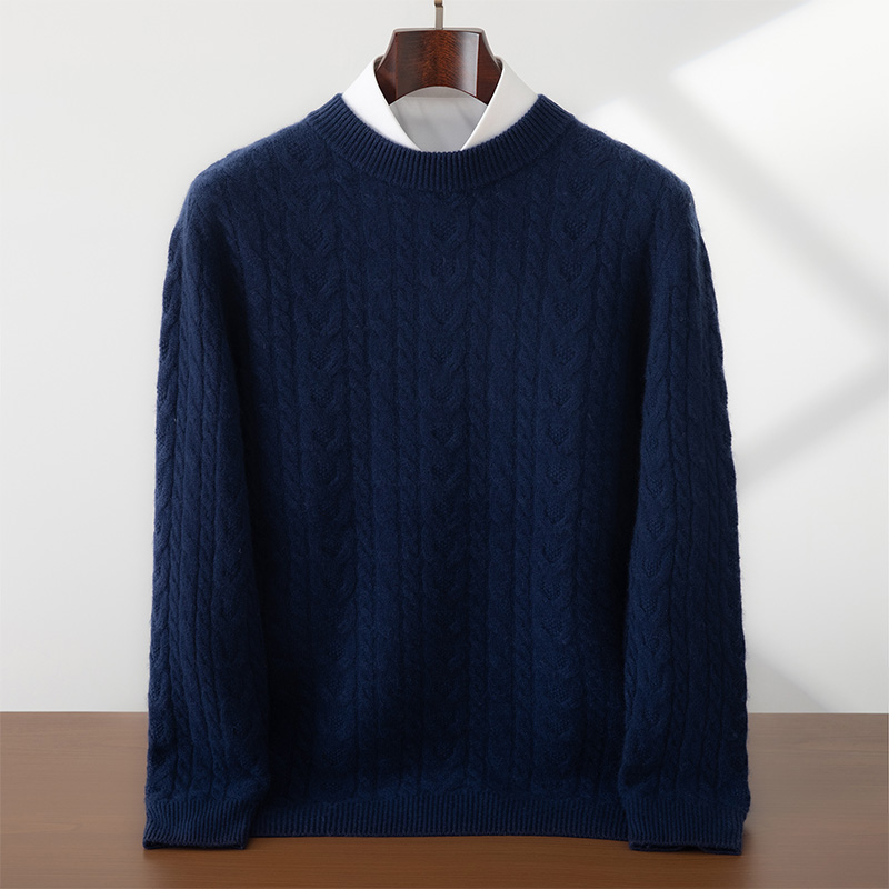 【秋冬上新】7针双股麻花圆领男士休闲商务山羊绒衫针织长袖套衫