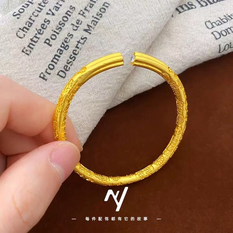 合金手镯 越南合金开口吉言纳福镶钻圆棍手镯镀金色久手镯网红款
