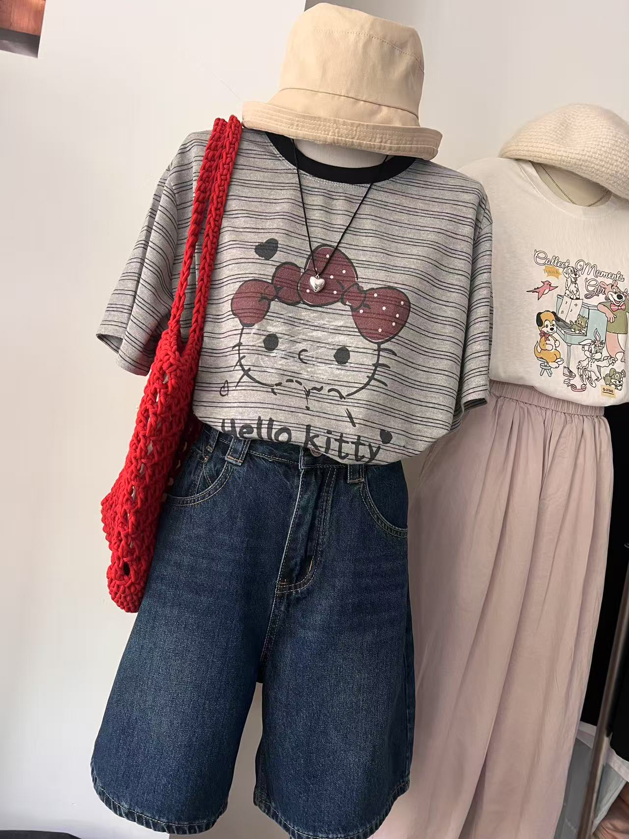 卡通牛仔T恤猫咪百搭印花洋气宽松圆领常规款短袖夏款