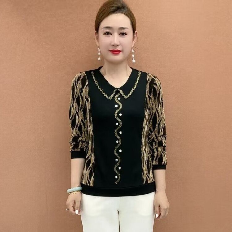 秋季新款休闲女装小衫洋气显瘦长袖打底衫宽松遮肚子中老年妈妈装