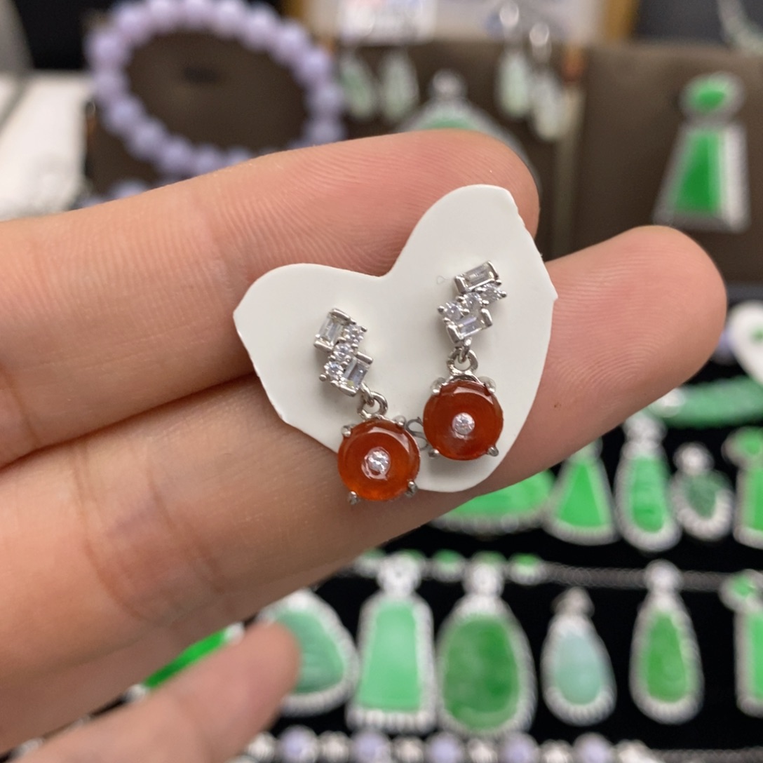 翡翠耳饰银S925镶嵌天然翡翠