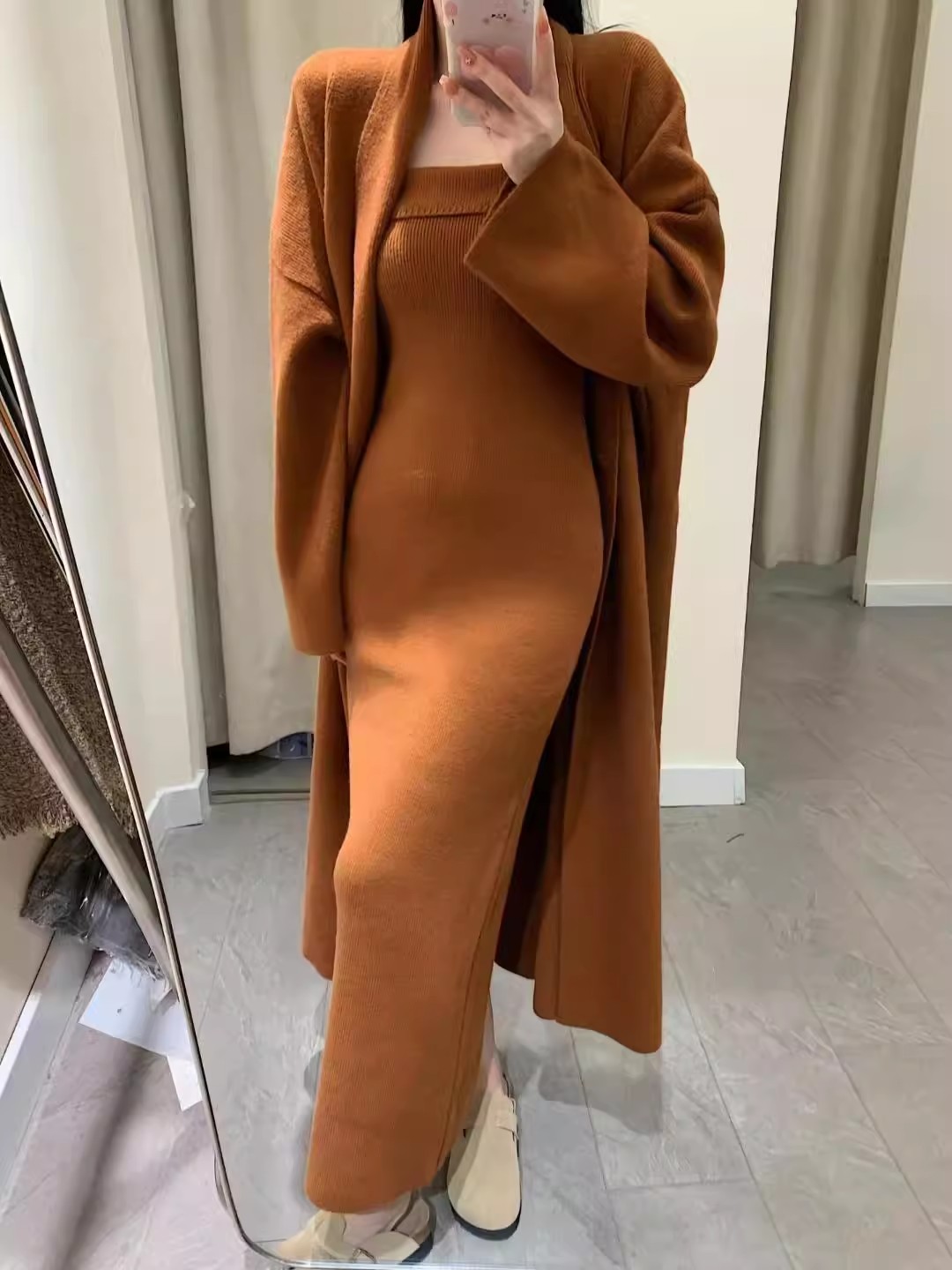 气质名媛温柔风长款针织大衣套装秋冬新款连衣裙两件套法式高级