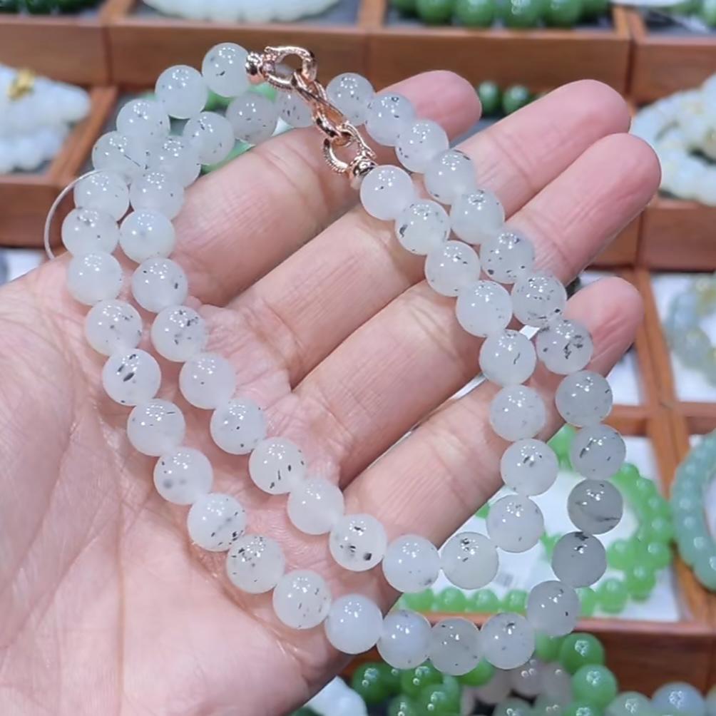 和田玉新疆且末点墨青花多圈手串8mm