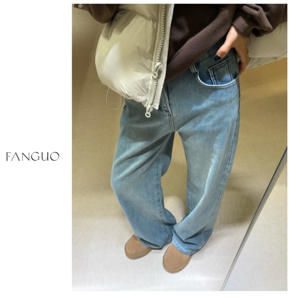 很干净的复古浅蓝！一条过冬！加厚加绒显瘦直筒牛仔裤女33113