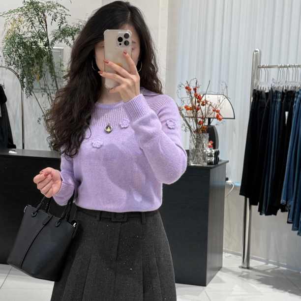 法式金银丝山羊绒亮闪镂空提花长袖针织衫毛衣女秋冬新款