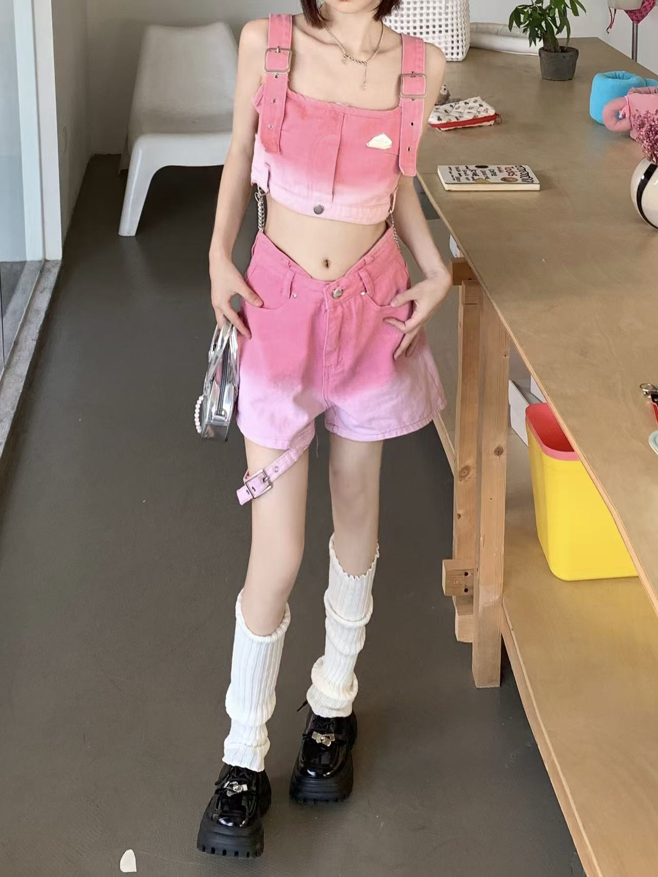 甜酷风渐变色牛仔背心高腰显瘦直筒短裤两件套装夏季