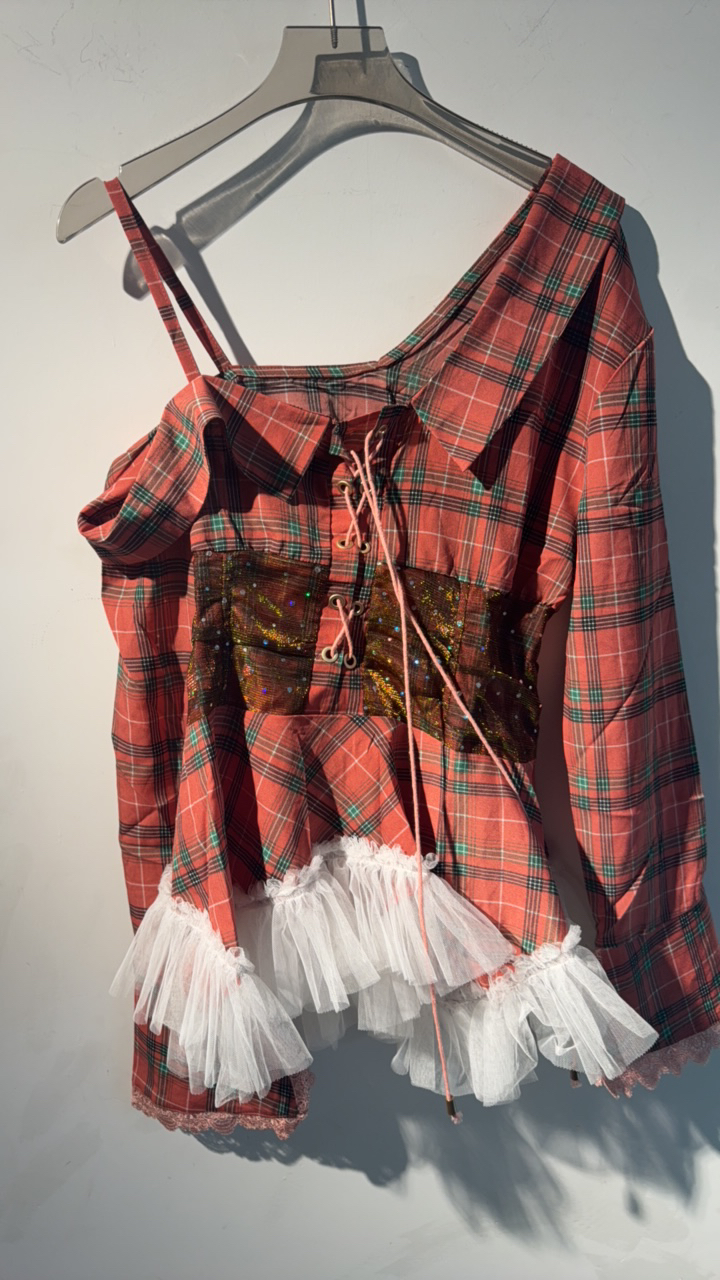 拼接衬衫袖常规一字领格子T恤背心格纹长袖西域风