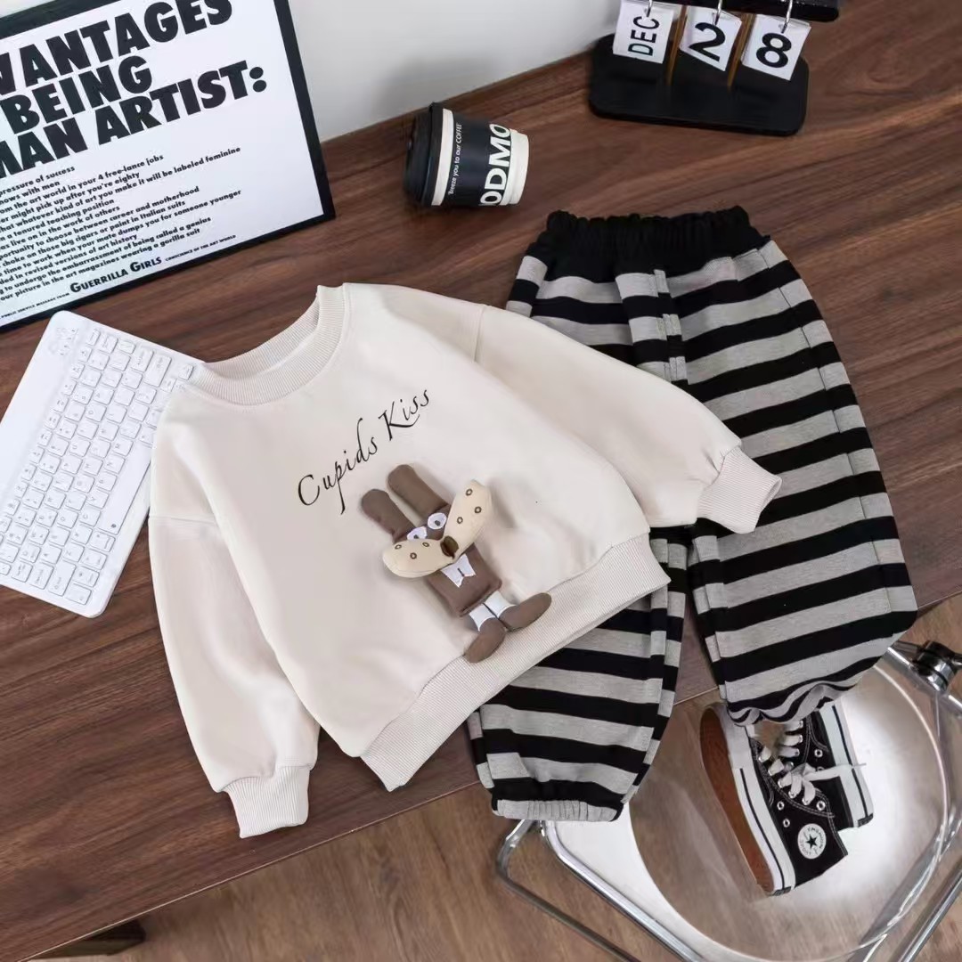 套装秋套头男女宝小童厚款加绒条纹卡通动漫