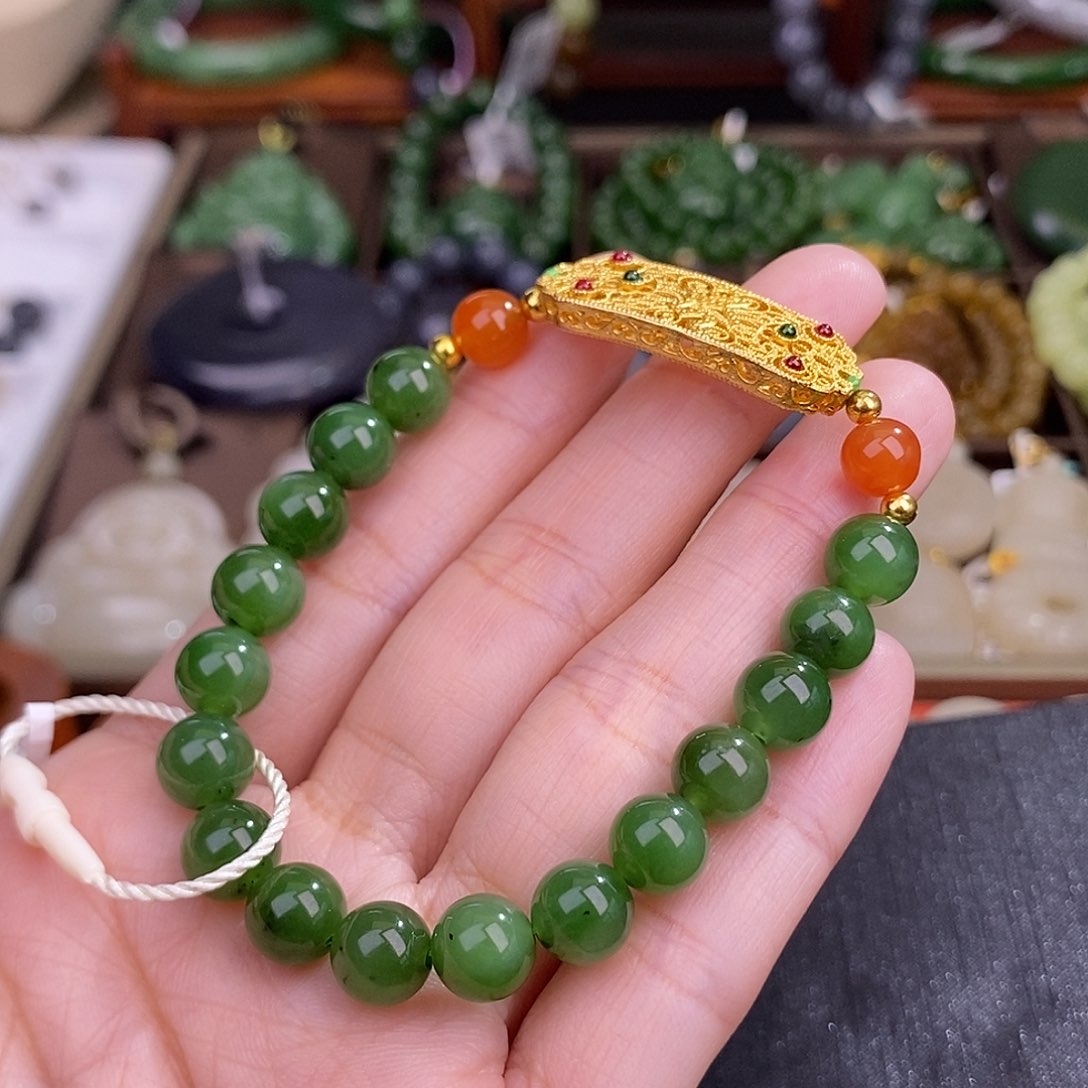 和田玉碧玉手链清货价约8MM未镶嵌