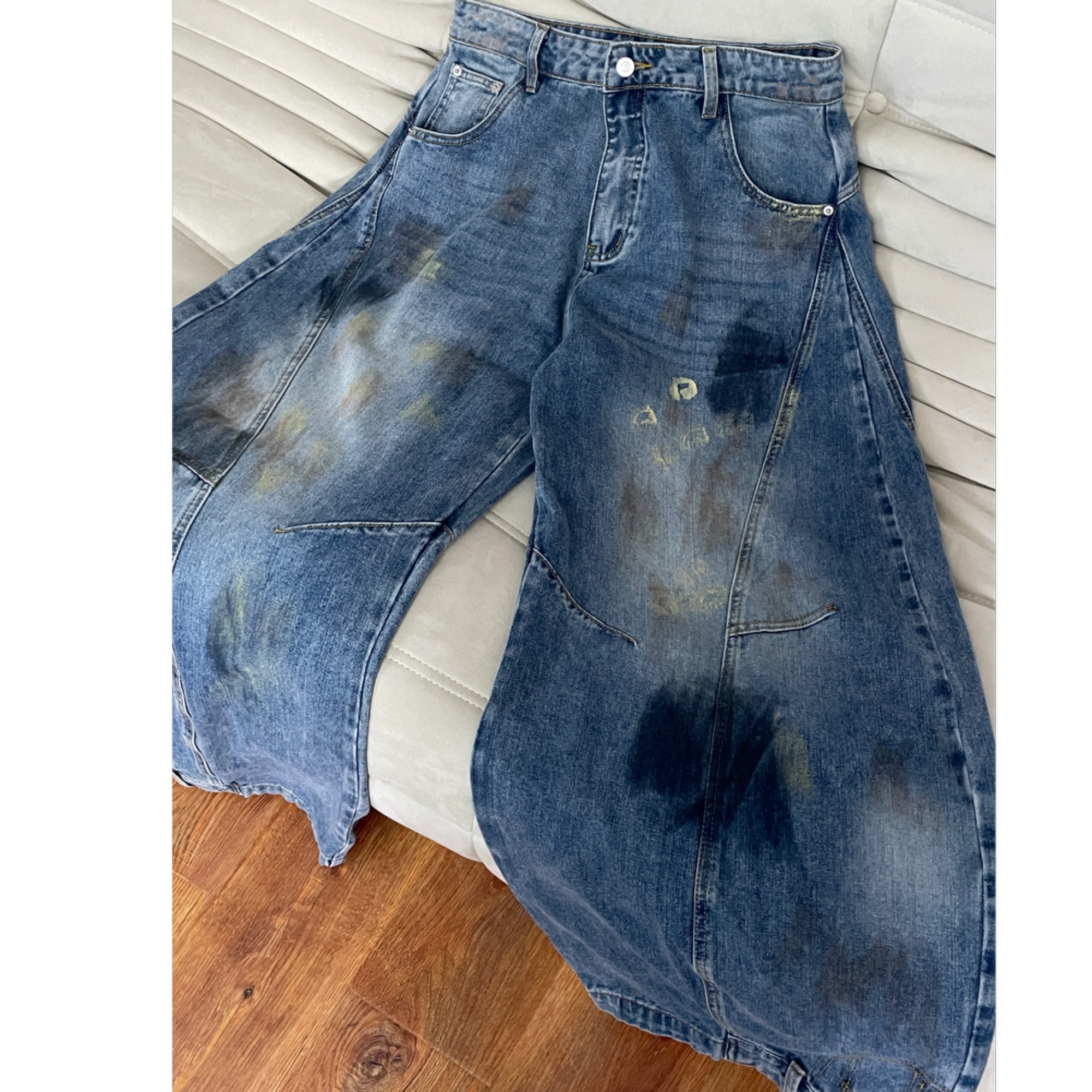 方块儿 新款涂鸦男女同款弯刀阔腿牛仔裤