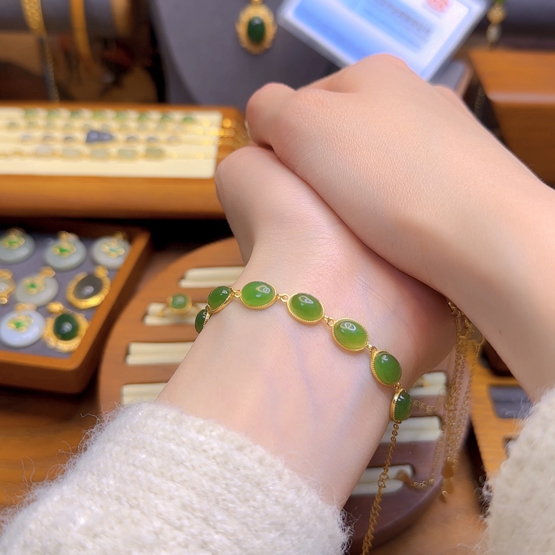 和田玉手链银S925镀金镶嵌