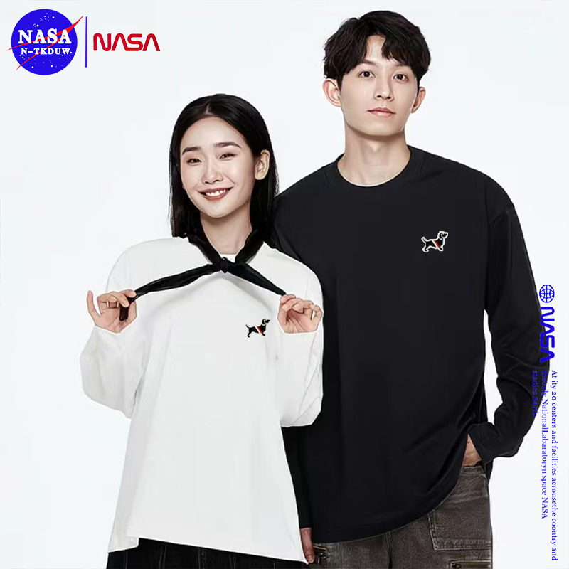 NASA联名款潮牌T恤迪桑棉长袖男女同款百搭圆领200长袖刺绣腊肠