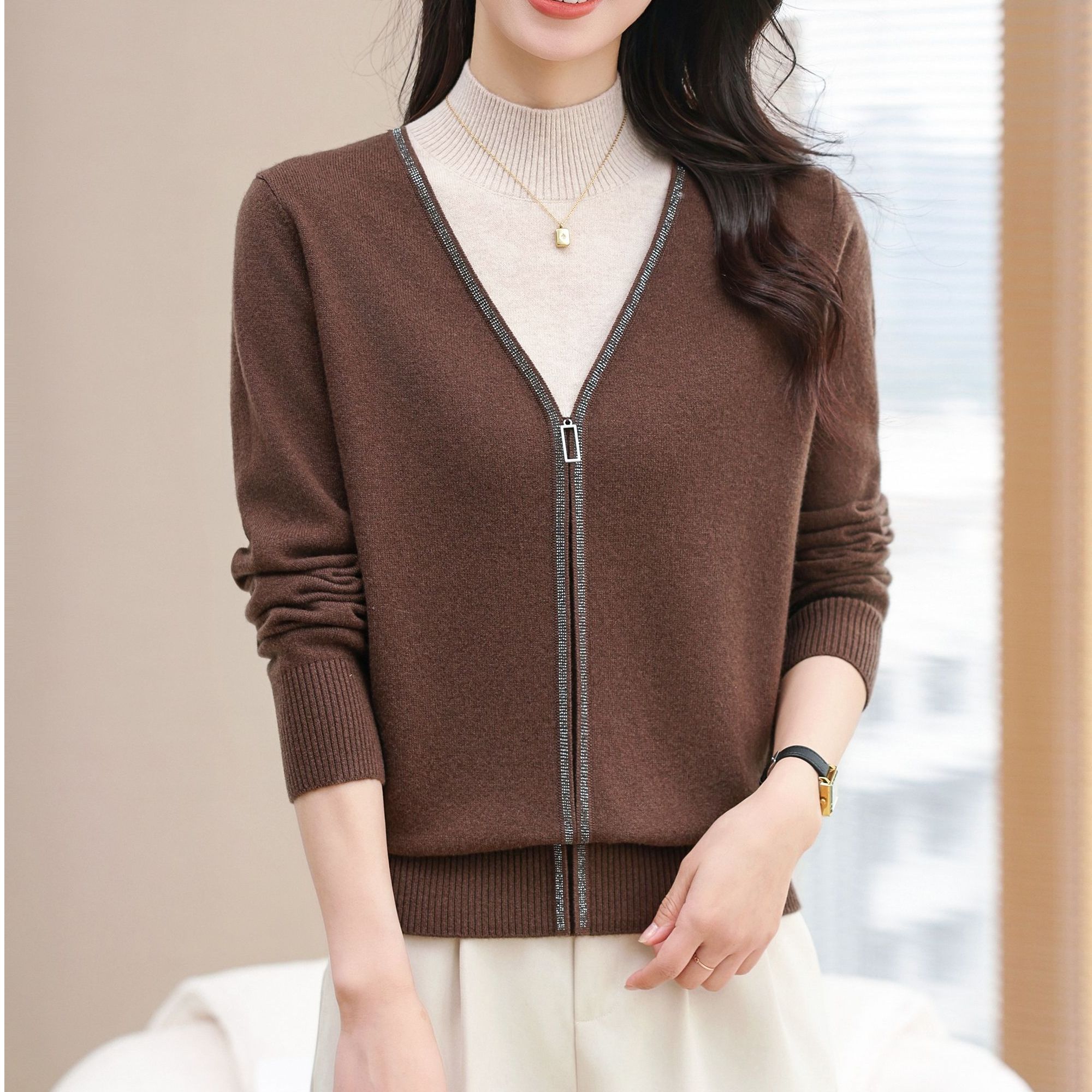 黛妍791冬季新款100%羊毛气质减龄女款半高领针织假两件上衣