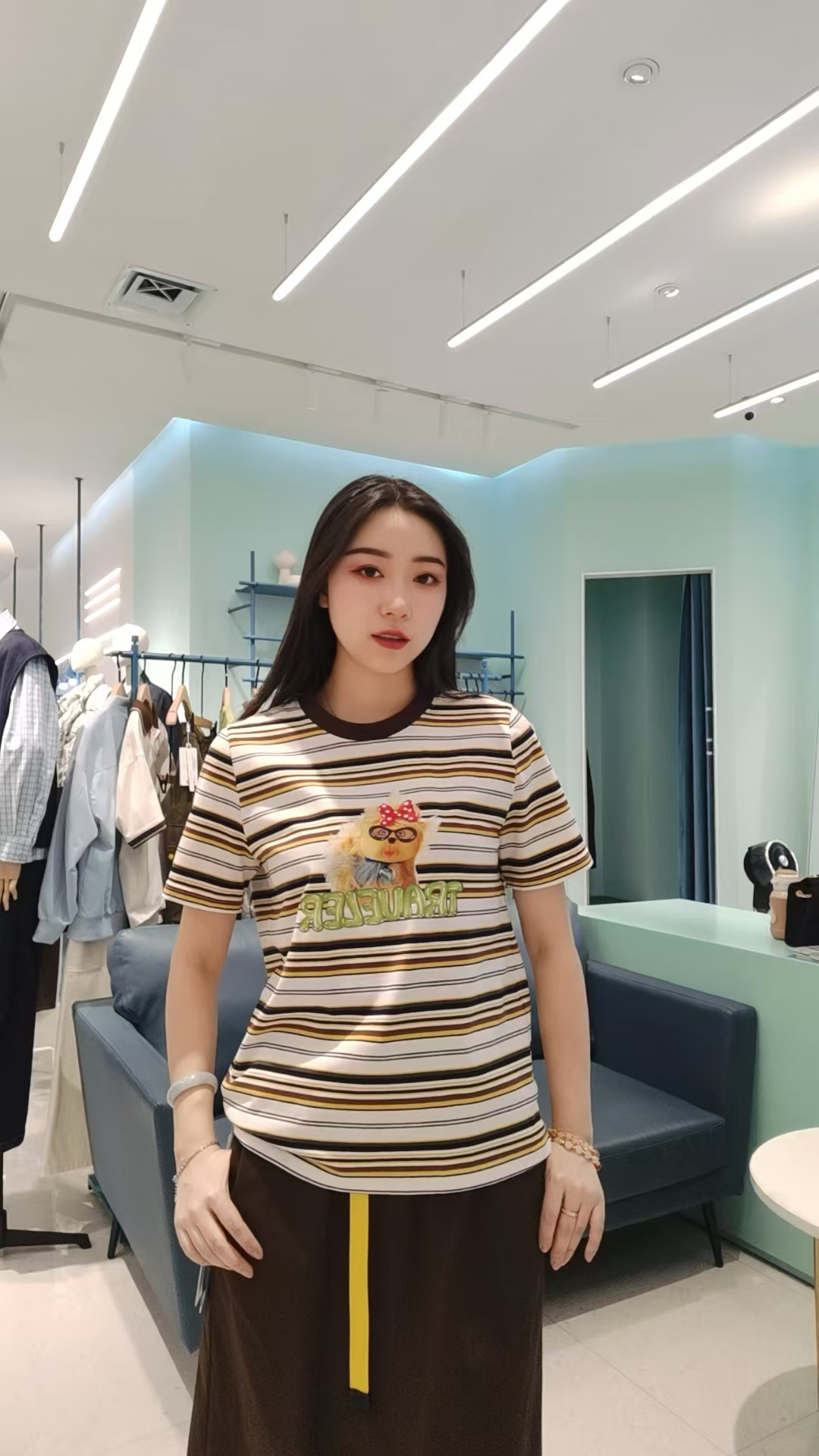 黄咖条短袖波音果T恤