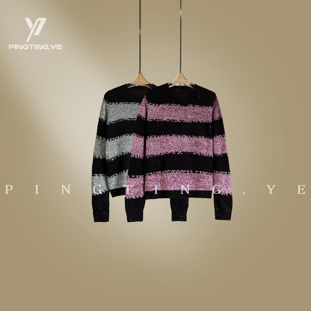 PINGTING.YE“莱赛尔羊毛羊绒”撞色条纹韩系减龄毛衣PT2974