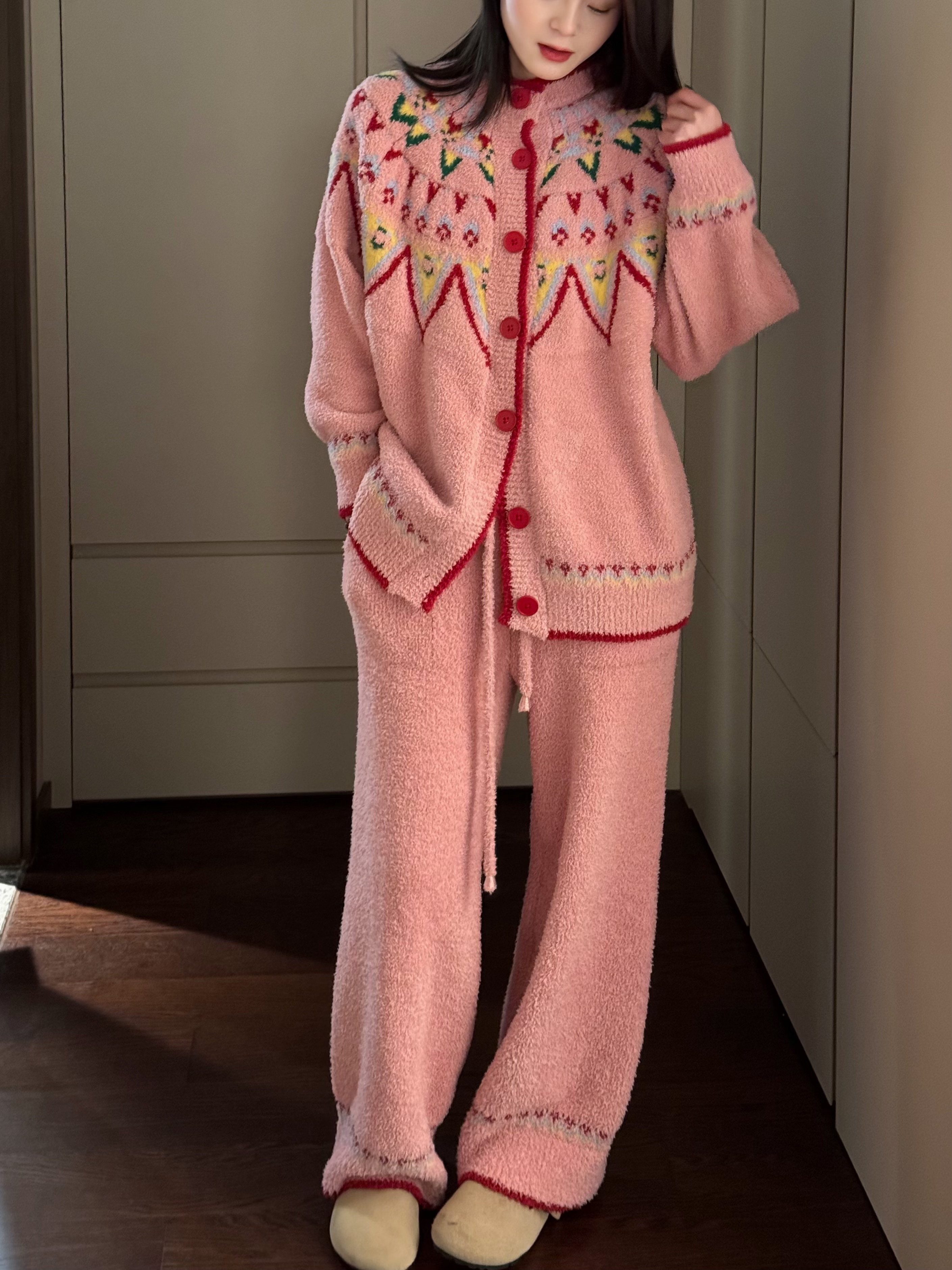 拼色开衫半边绒睡衣女秋冬季2025新款甜美大码家居服套装睡衣