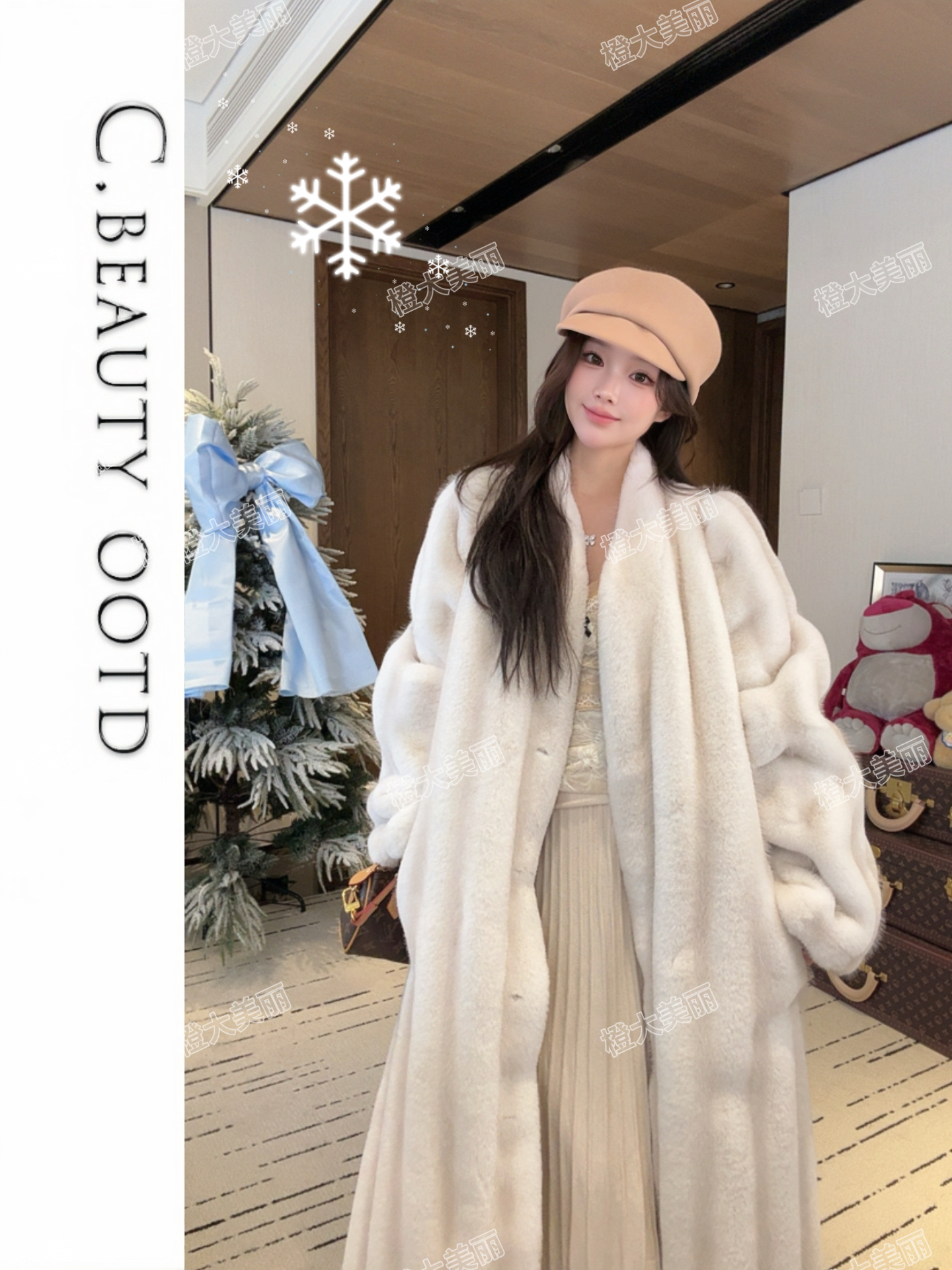 高定设计师款中古典奢公主肩抽刀环保皮草长款大衣