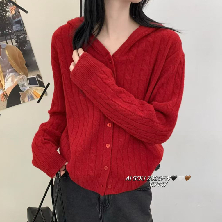 秋冬新款宽松显瘦羊毛连帽开衫针织毛衣外套百搭