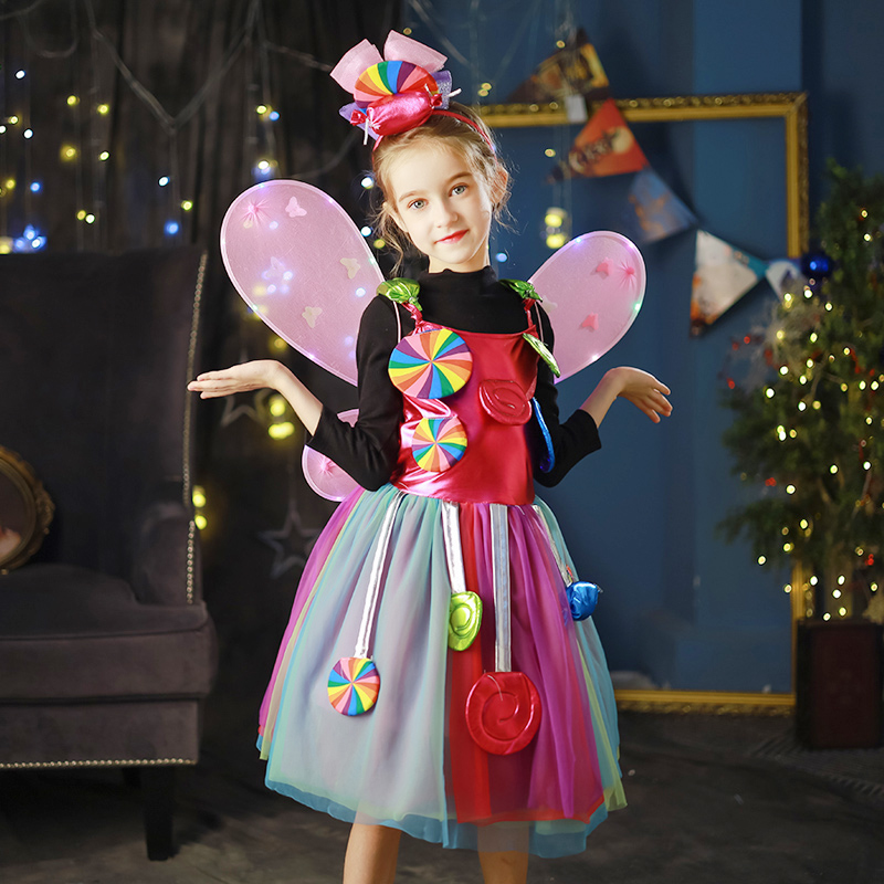 万圣节女童cos角色扮演糖果翅膀精灵彩色公主裙套装