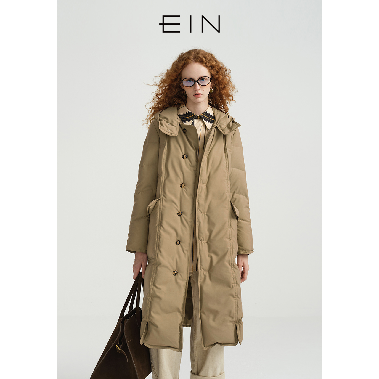 EIN/言云朵泡芙90鸭绒活力半高领连帽长过膝盖羽绒服2025秋冬新款