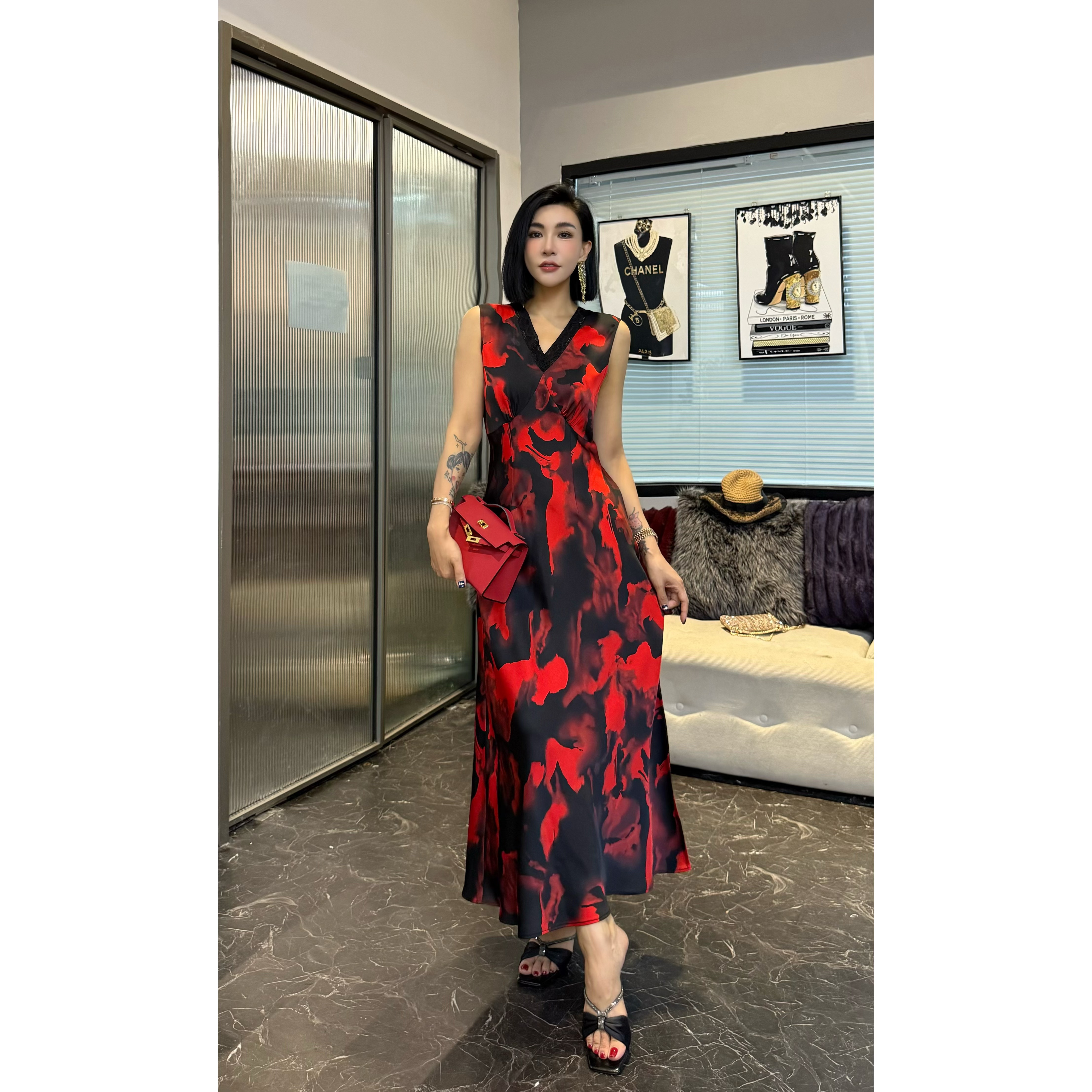 SONG-原创【连衣裙-富士花下】新款晕染印花拼接蕾丝设计气质