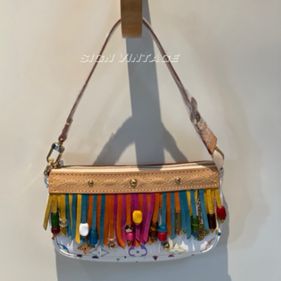 95新 LouisVuitton/路易威登 白三彩mini流苏麻将包