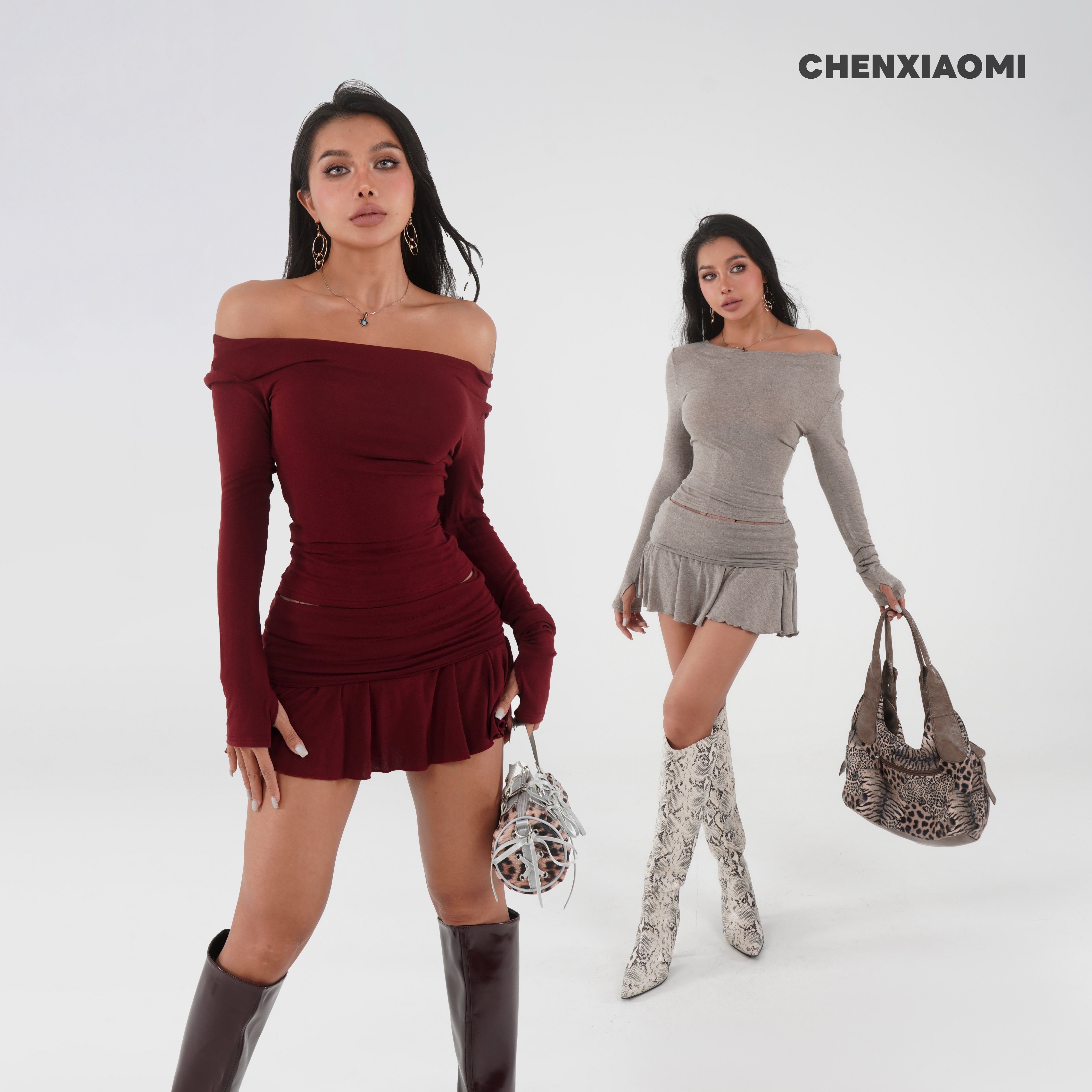 【蜜蜜家】芝士樱桃卷 欧美辣妹露肩长袖上衣+裙裤 25/Z611+Q137