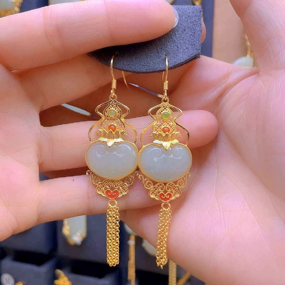 和田玉耳饰银S925镀金镶嵌