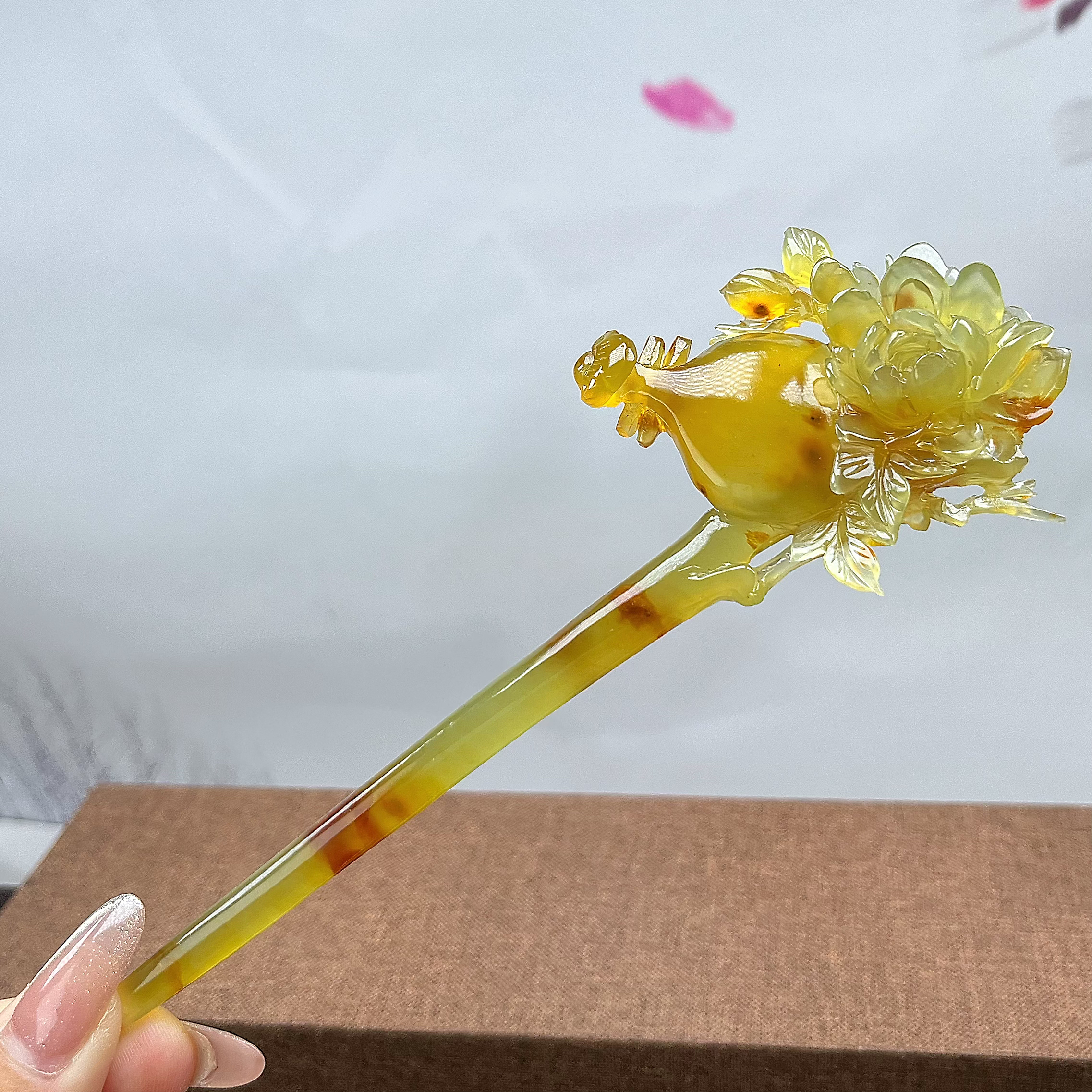 岫玉高品质花玉知音发簪 整体长度19cm 入发长度12cm