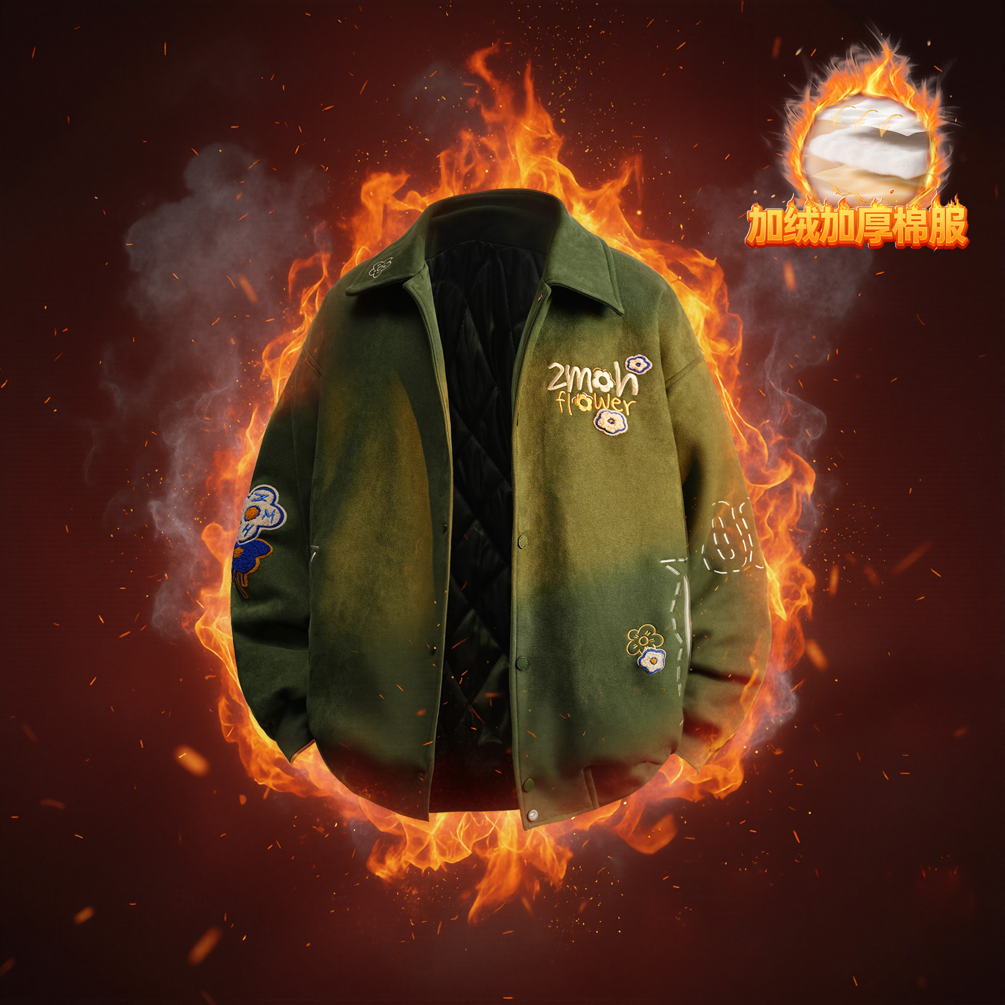 【棉服】ZMOH冬季保暖刺绣仿麂皮绒外套落肩夹克宽松棉服情侣同款