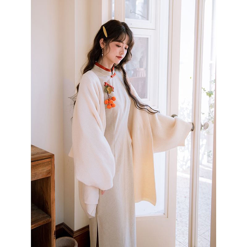 南风谷【颂果】气质新中式改良旗袍女秋冬装撞色连衣裙针织毛衣外套