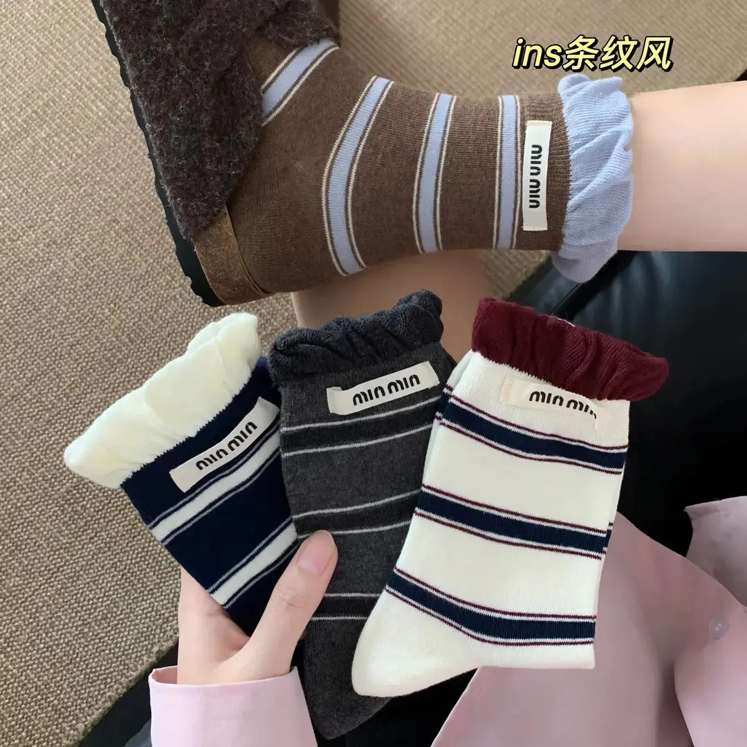 韩系泡泡口条纹秋冬中筒袜子无骨棉袜百搭ins复古堆堆女袜WH