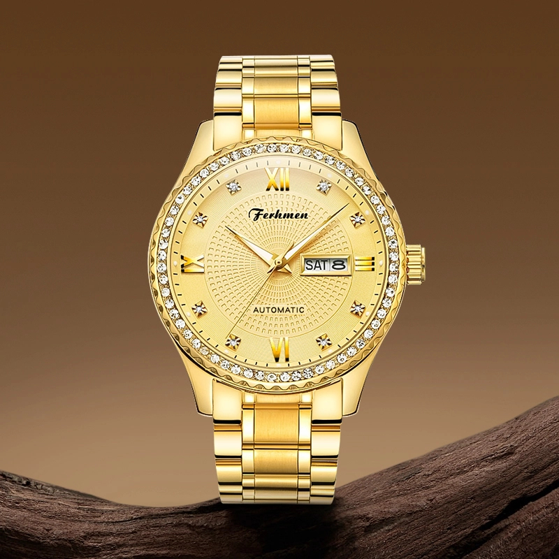 金骑士双日历含金真钻商务男士全自动手表F8600-B