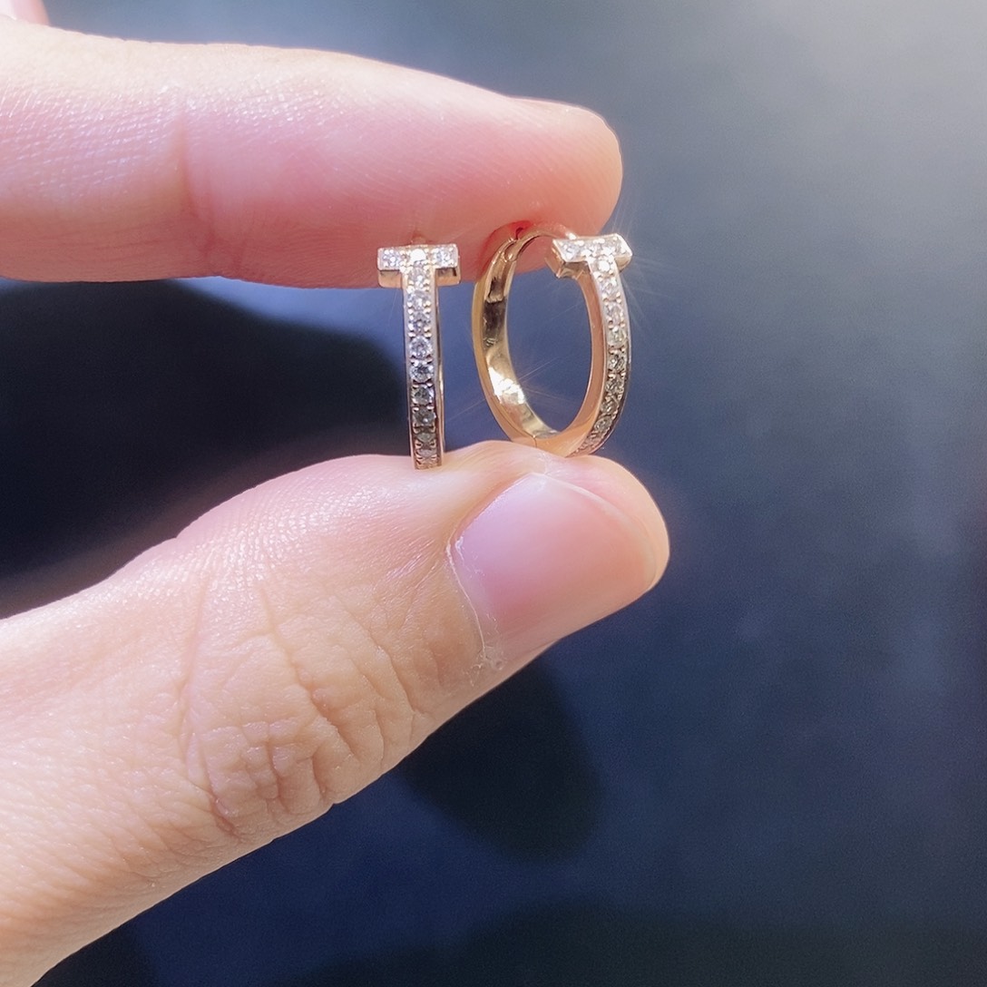 钻石耳饰18K金镶嵌T款耳圈K玫