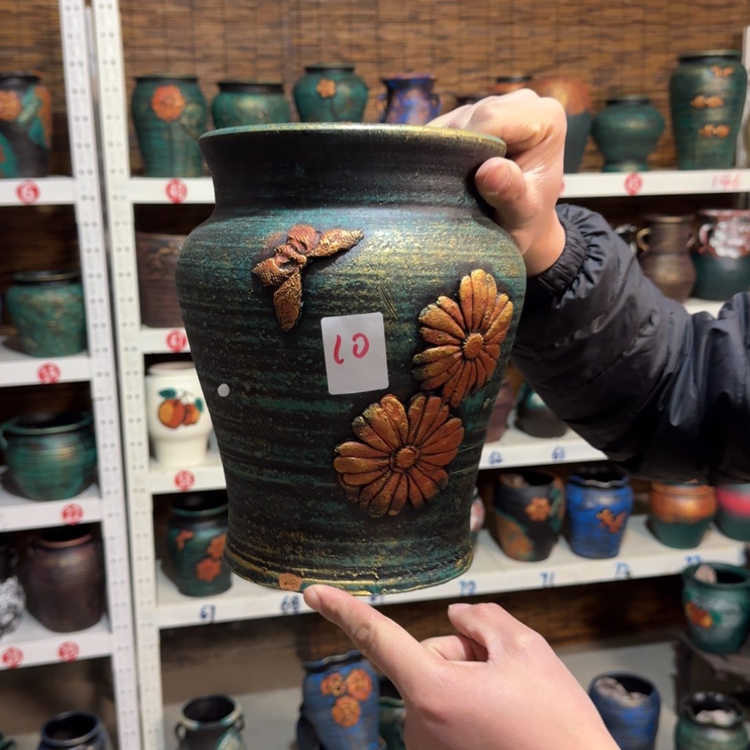 红陶红陶浮雕花盆炸炸炸