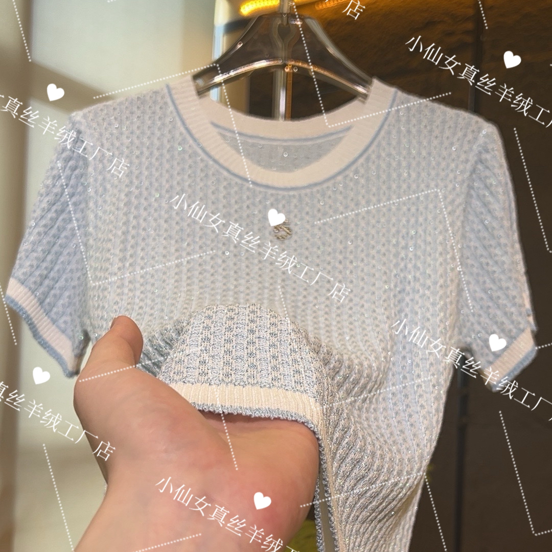 圆领小香风5号金属扣短袖进口水晶纱针织衫休闲时尚夏季必备