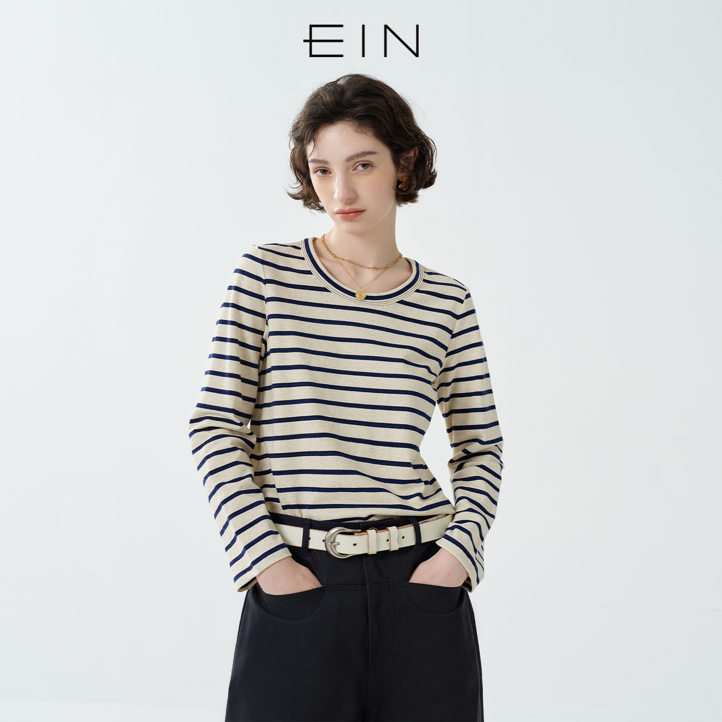 EIN/言【航海系】蓝白撞色条纹棉麻长袖T恤上衣女2025夏季新款