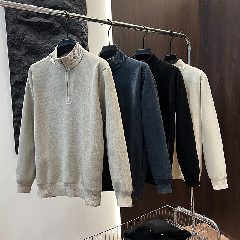 加绒加厚毛衣男士拉链打底针织毛衣纯色百搭冬季新款时尚毛衣