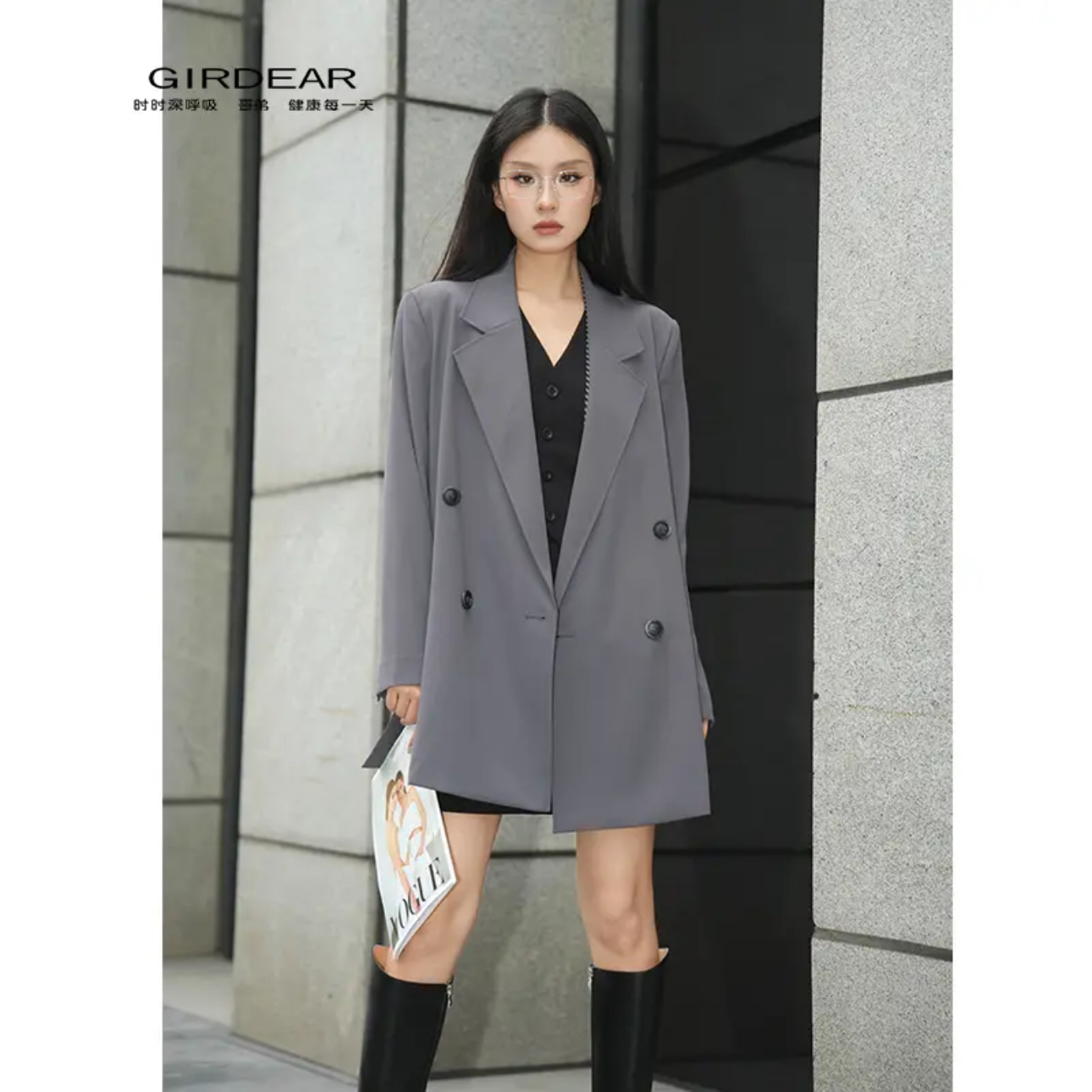 GIRDEAR/哥弟商场同款简约通勤廓形西服双排扣垂感西装外套140005