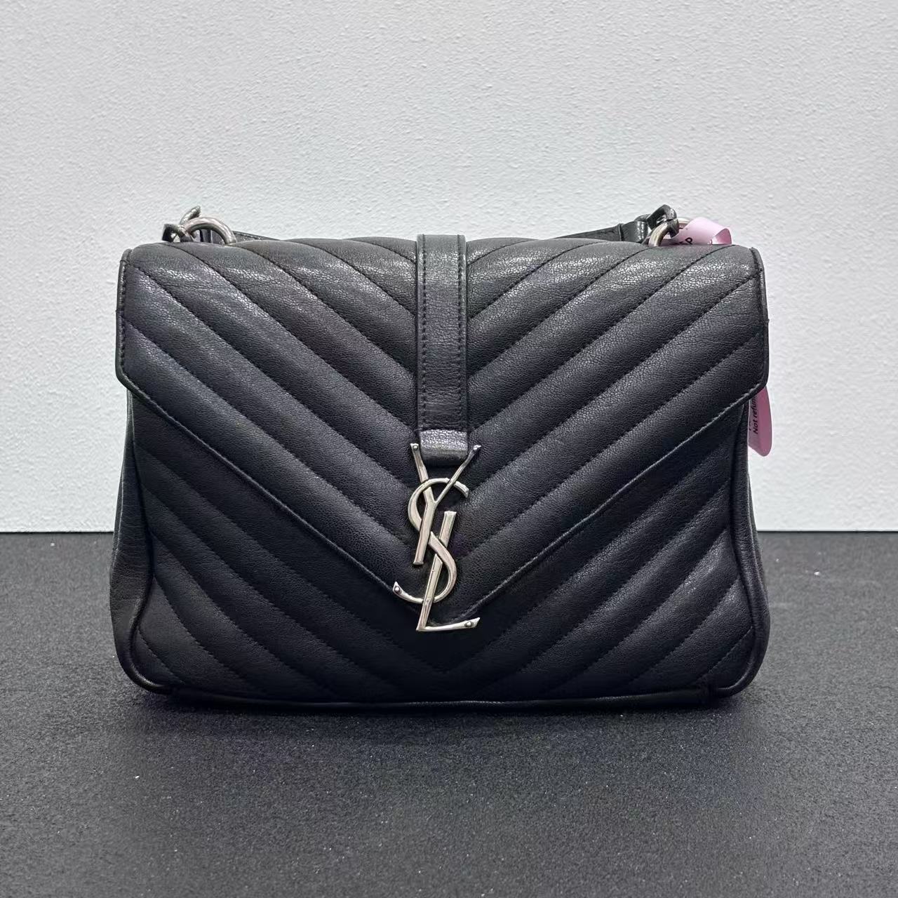 99新 YSL/圣罗兰 壹所奢品/ college手提邮差 小号 黑银 *