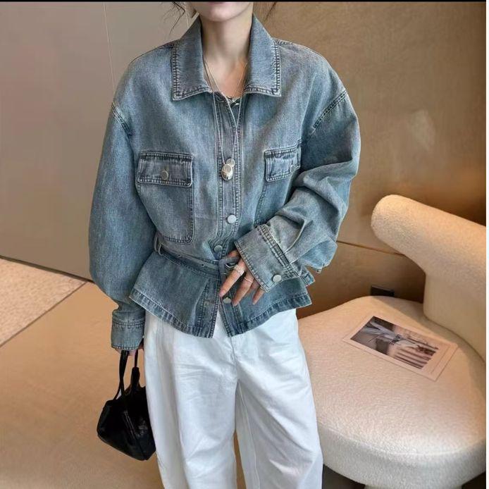 61028薄款短外套女士铜扣做旧牛仔外套春季ins水洗复古