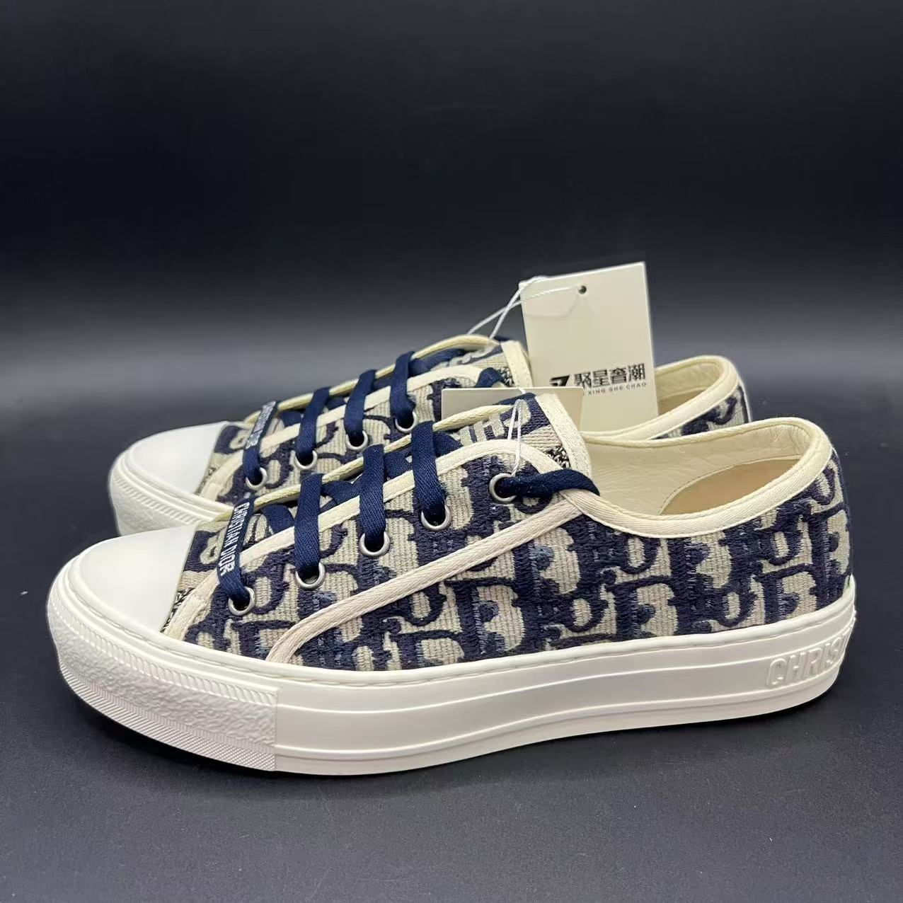95新 DIOR/迪奥 男士时尚百搭深蓝色印花帆布鞋38.5码 lb415