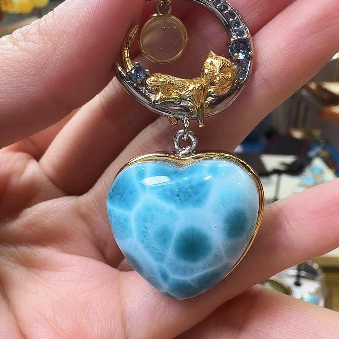 针钠钙石（海纹石）银S925镶嵌颈饰吊坠